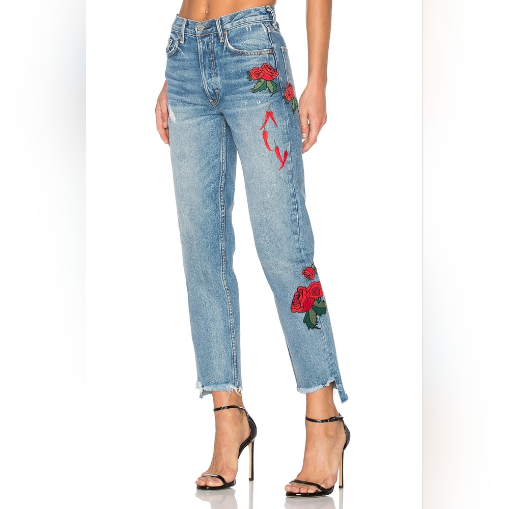 Grlfrnd Helena High Rise Straight Day After Day Embroidered Rose Peppers